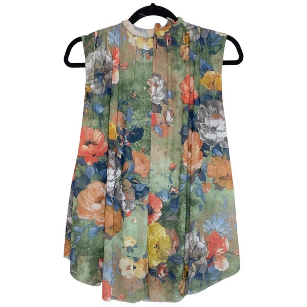 Anthropologie Deletta Epona Floral Mock Neck Smocked Pleated Tank Small - Picture 3 of 8